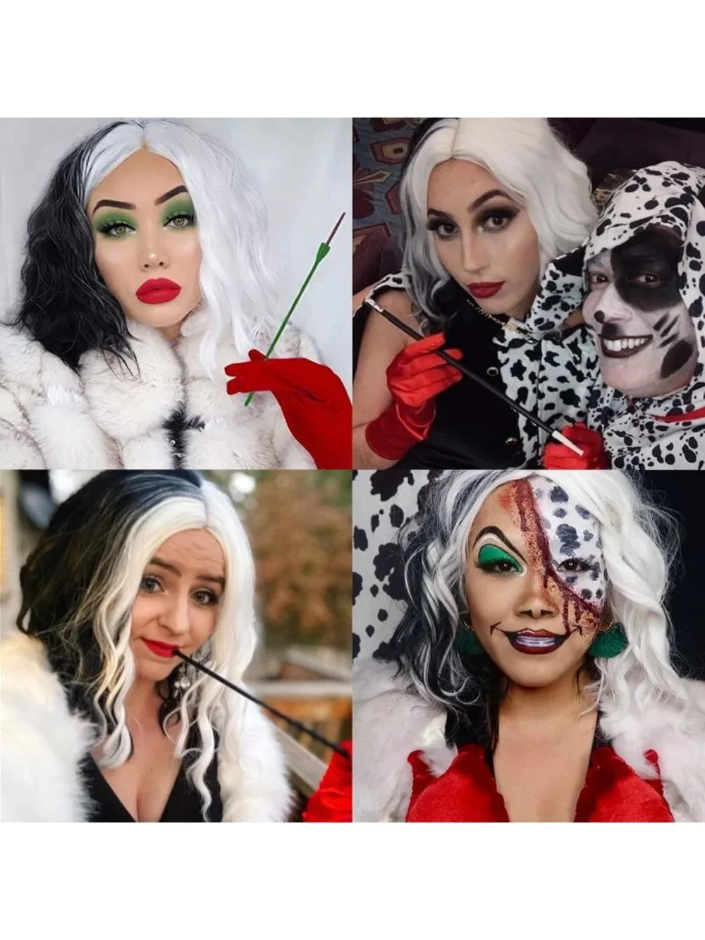 Women's Black White Wavy Curly Bob Wig Heat Resistant Cosplay Halloween Party